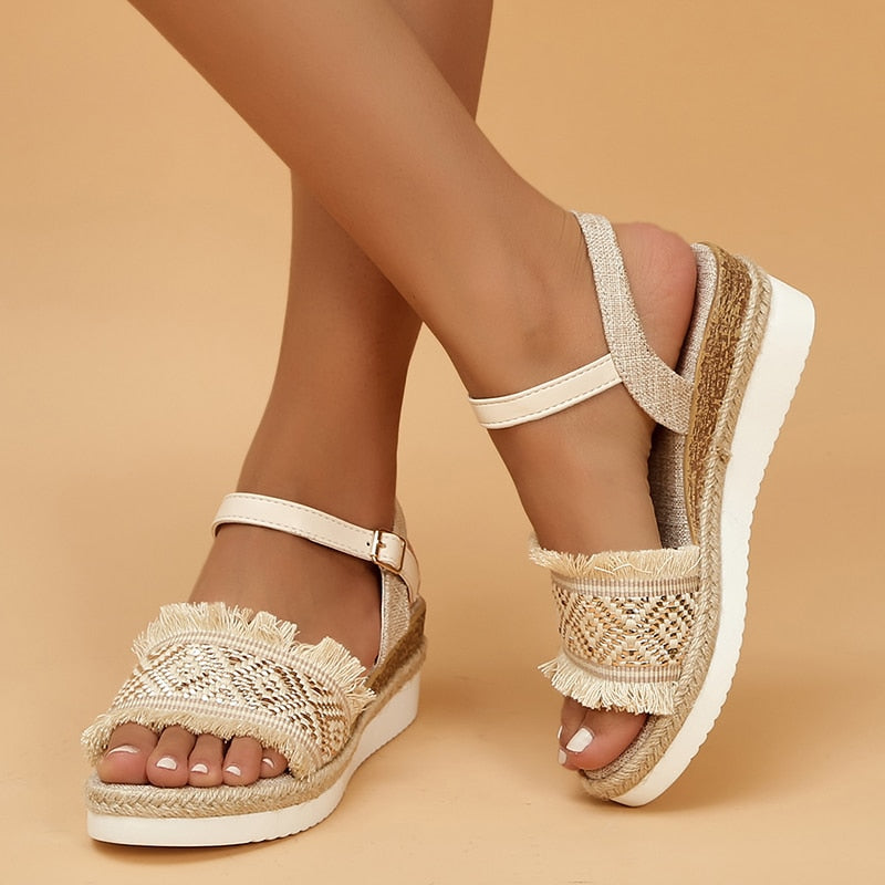 Ddbos Bohemian Style Printed Wedge Sandals for Women Summer Non Slip Platform Shoes Woman Lightweight Casual Gladiator Sandalias