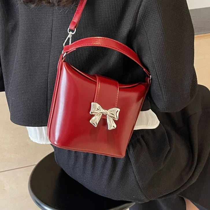 Ddbos Bow Tie Design Pu Leather Shoulder Bags for Women 2024 Winter Fashion Handbags Bucket Crossbody Bag with Short Handle