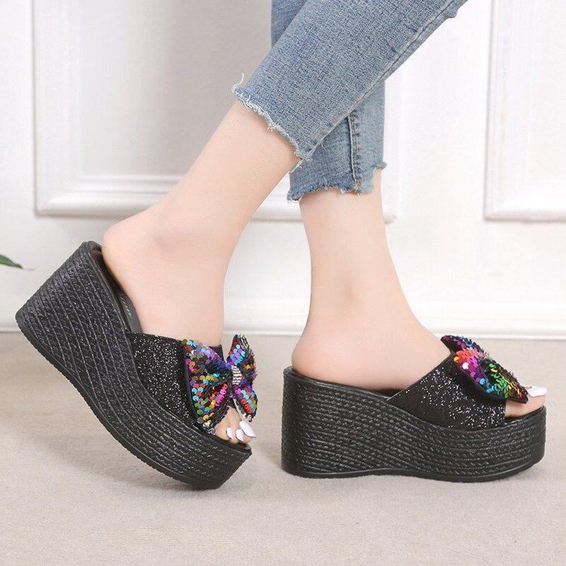 Ddbos Plus Size Slippers Women Fashion Sequin Bow High Heel Sandals Women Sexy Platform Shoes Women Outdoor Casual Slippers Women