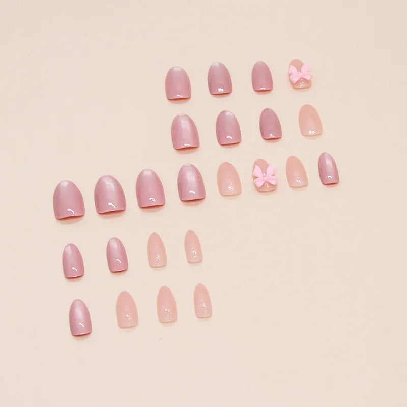 Ddbos 24pcs Pink Bow Design Glossy Press on Nails Wearable Detachable Almond Fake Nail Tips for Girls Lady Korean Sweet False Nails