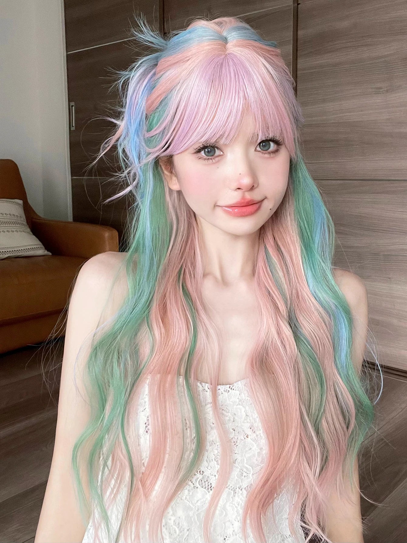 Ddbos 28Inch Iridescent Rainbow Color Multicolour Synthetic Wigs with Bang Long Natural Wavy Hair Wig for Women Cosplay Heat Resistant