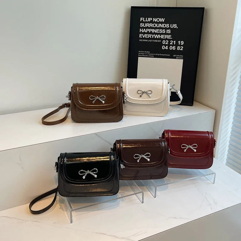 Ddbos 2024 Retro Small Flap Bag Women Korean Fashion Handbags and Purses Bow Design Shoulder Bag PU Leather Crossbody Bag