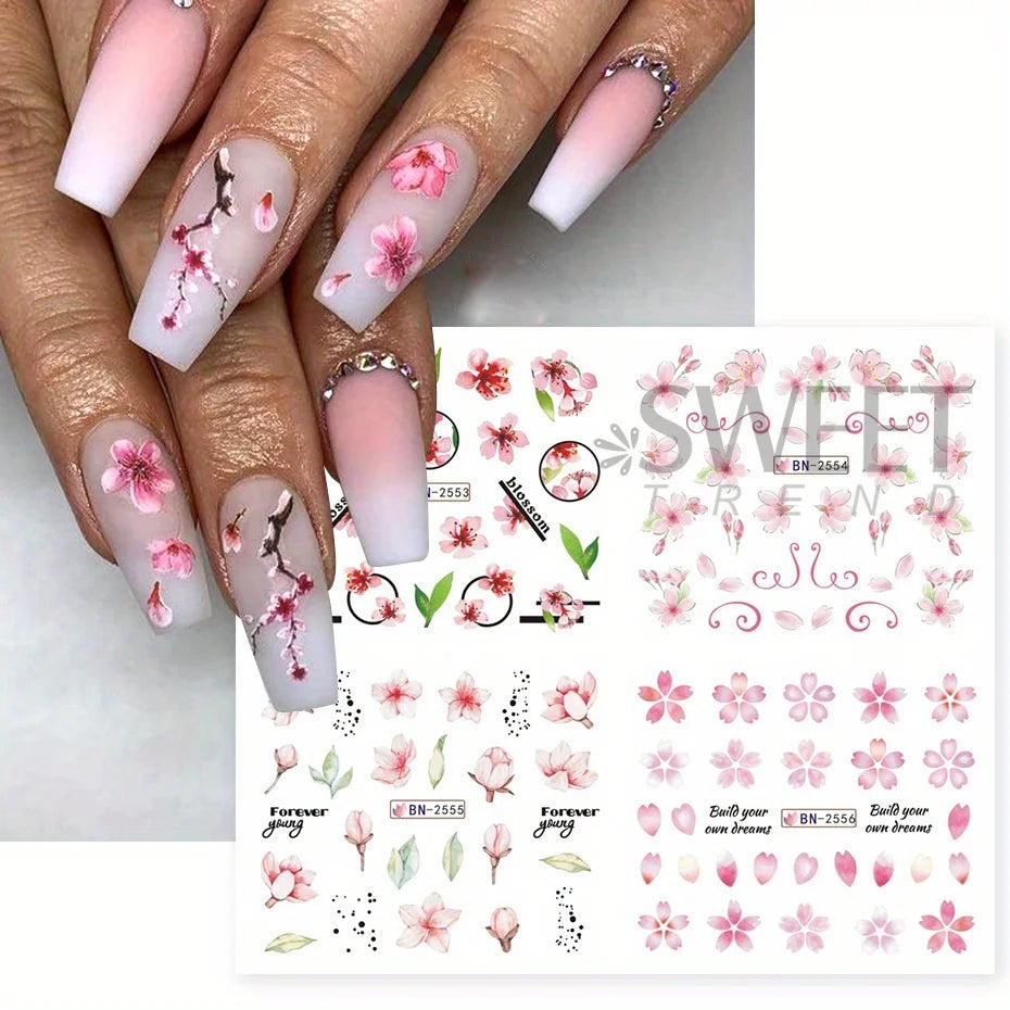 Ddbos 12pcs Pink Cherry Blossom Water Nail Sliders Winter New Year Sakura Floral Leaves Stickers DIY Charm Accessories Manicure Decor