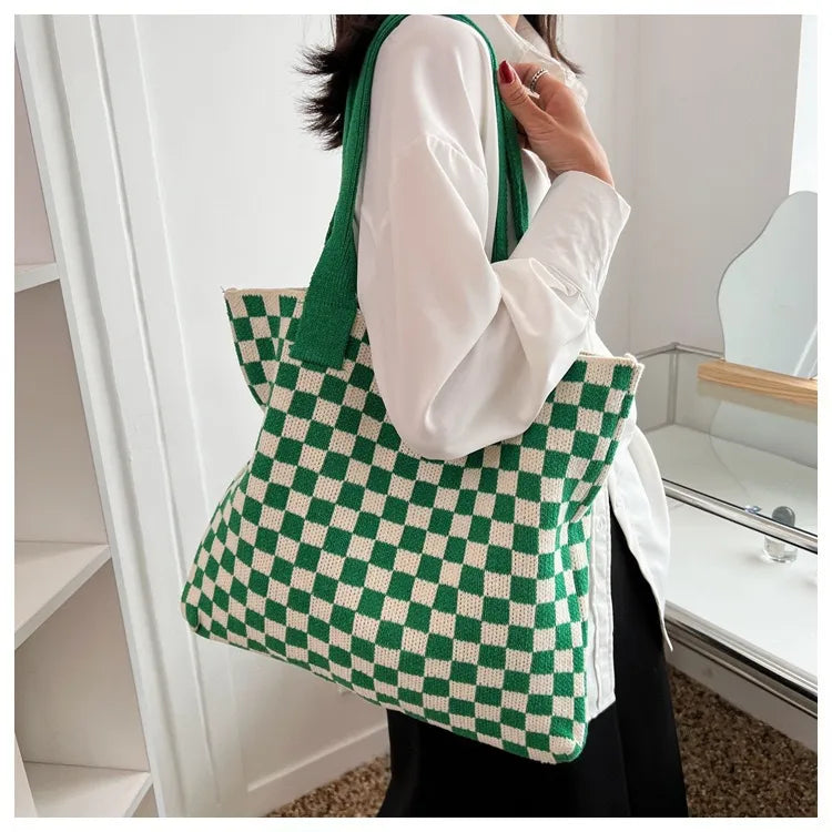 Y2K Vintage Checkered Crochet Tote Shopper Bag Retro Minimalism Contrast Color Fashion Knit Handwoven Soft Hook Black and White