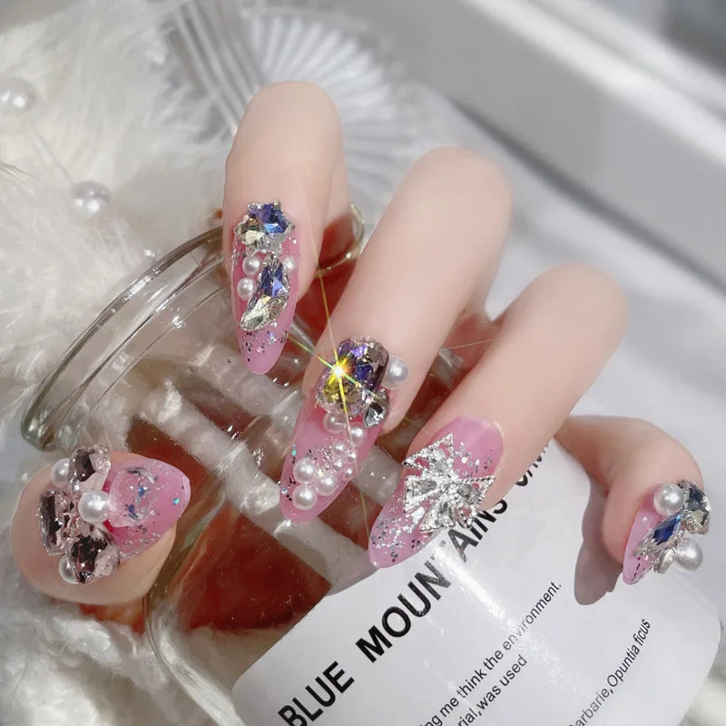 False Nails with Designs Acrylic Nail Crystal Pearl Lace Bowknot Press on Nails Shiny Bride Lady Sweet Korean Fake nails 24pcs