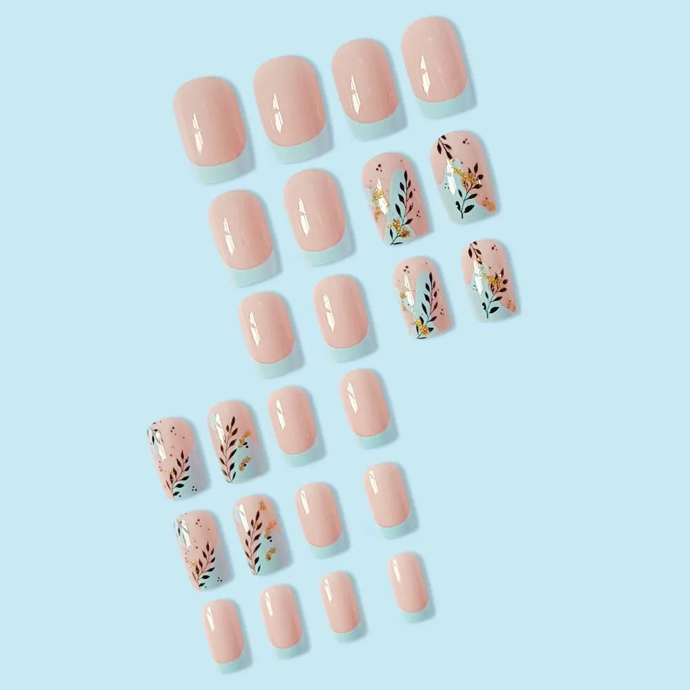 Fashion Leaves Square Head False Nails Set Press On Nails Nude Pink Manicure French Blue Fringe Fake Nail Tips With Designs