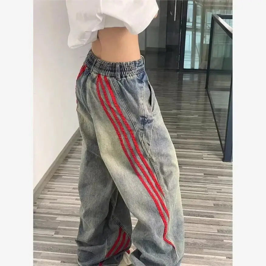 Ddbos American Hip-hop Retro Jeans for Men and Women Loose and Trendy Straight Leg Striped Patchwork Casual Washed Wide Leg Pants