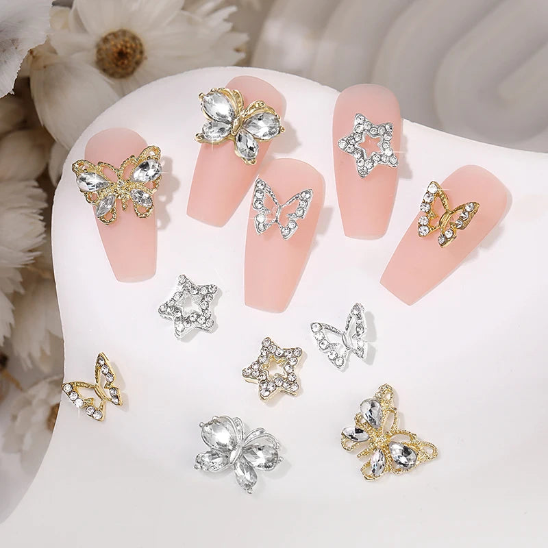 Ddbos 10pcs/bag Butterfly Shaped Nail Rhinestone Star Flower Nail Charm Silver Gold Alloy Nail Pearl Jewelry Accessories Nail Supplies