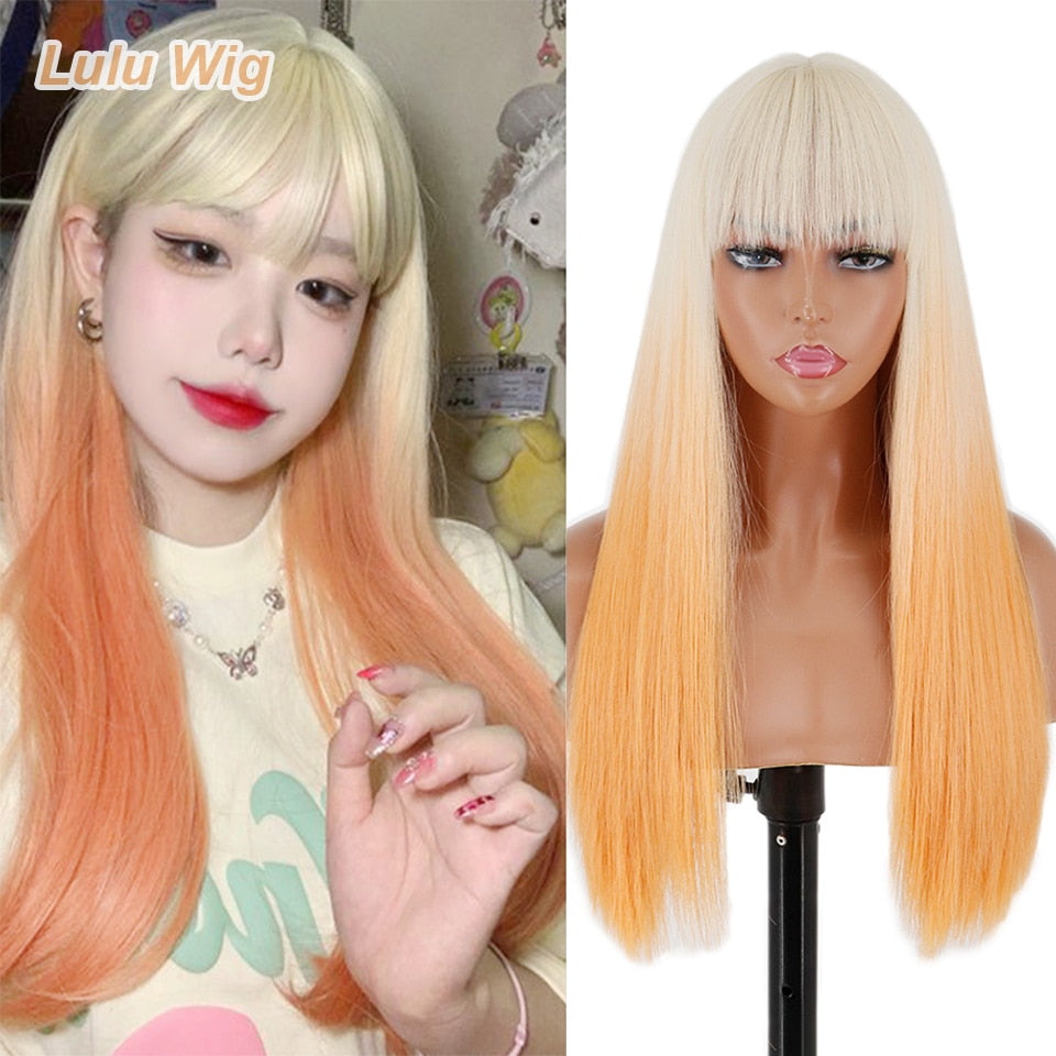 Ddbos Long Orange Wig with Bangs Straight Orange Wigs for Women Cosplay Long Synthetic Orange Wig Natural Looking for Daily Wear