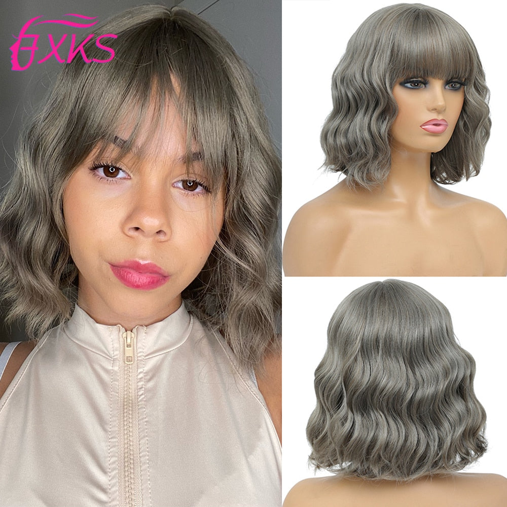 Ddbos Blonde Gold Short Wavy Synthetic Wigs With Bangs Brown Grey Silver Black Color Body Wave Hair Wigs 14Inch 200G For Women FXKS