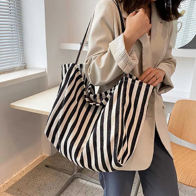 Ddbos Women's Tote Bag Striped Canvas Casual Handbags For Women Simple Shopping Large Capacity Woman Shopper School Shoulder Bag