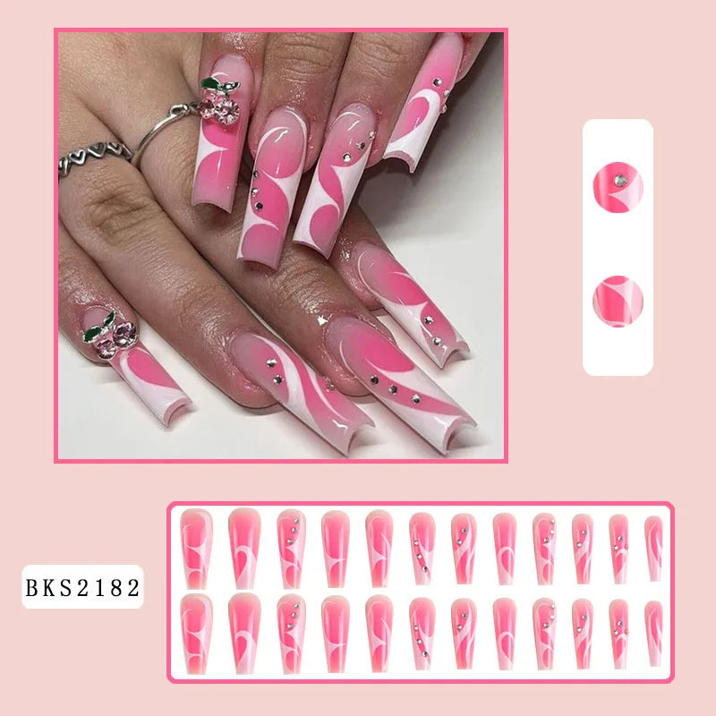 Long Ballerina Y2K Nails White Stripe French False Nails Rhinestones Decor Pink Gradient Ins Style Fake Nails Press On Nail Tips