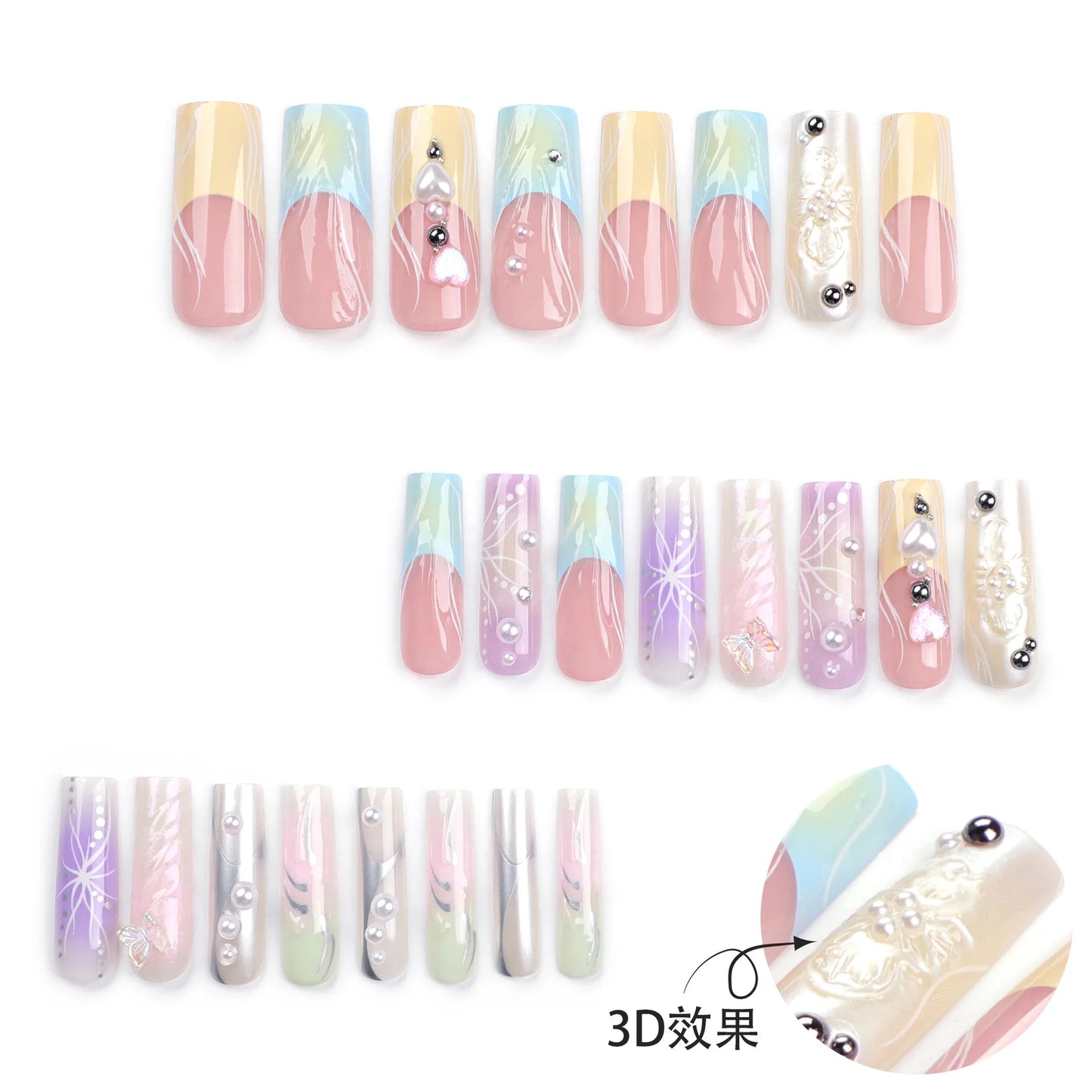 French 3D Colorful Wearable Fake Nail Patch Halo Dyed Y2K Butterfly Square Head False Nails 2024 New Ballet Coffin Press on Nail