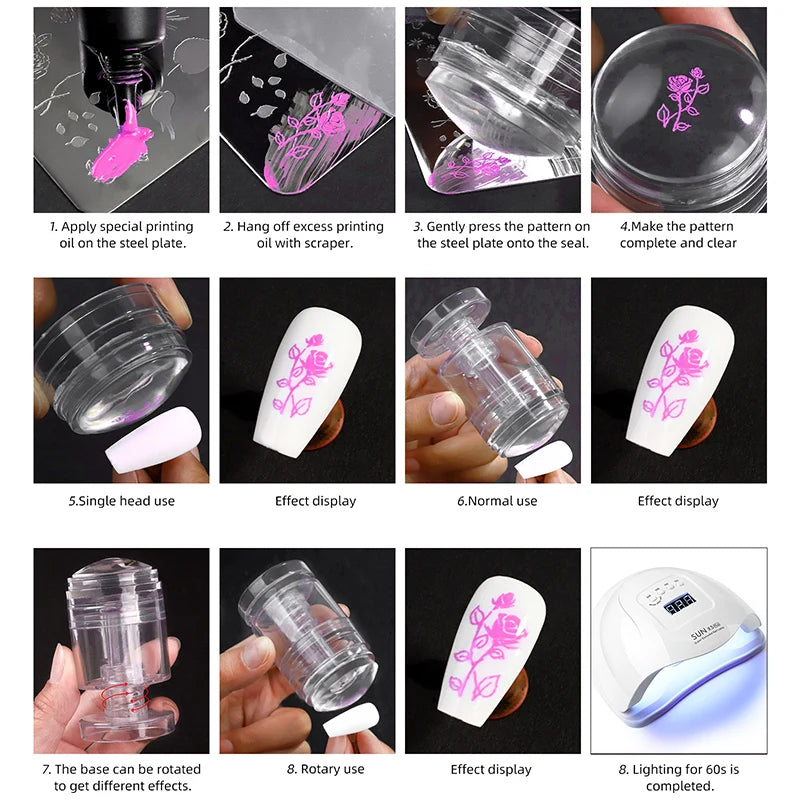 Ddbos New Rotatable Transparent Stamps Variable Pattern Size Silicone Fingertip Printing French Nail Seal Stamper Scraper Tool