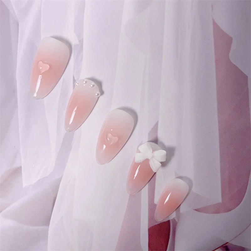 Gradient Pink Handmade Press on Nails with Bows Jelly Designed Almond False Nails Coffin Fake Nails Full Cover Fingernail Tips