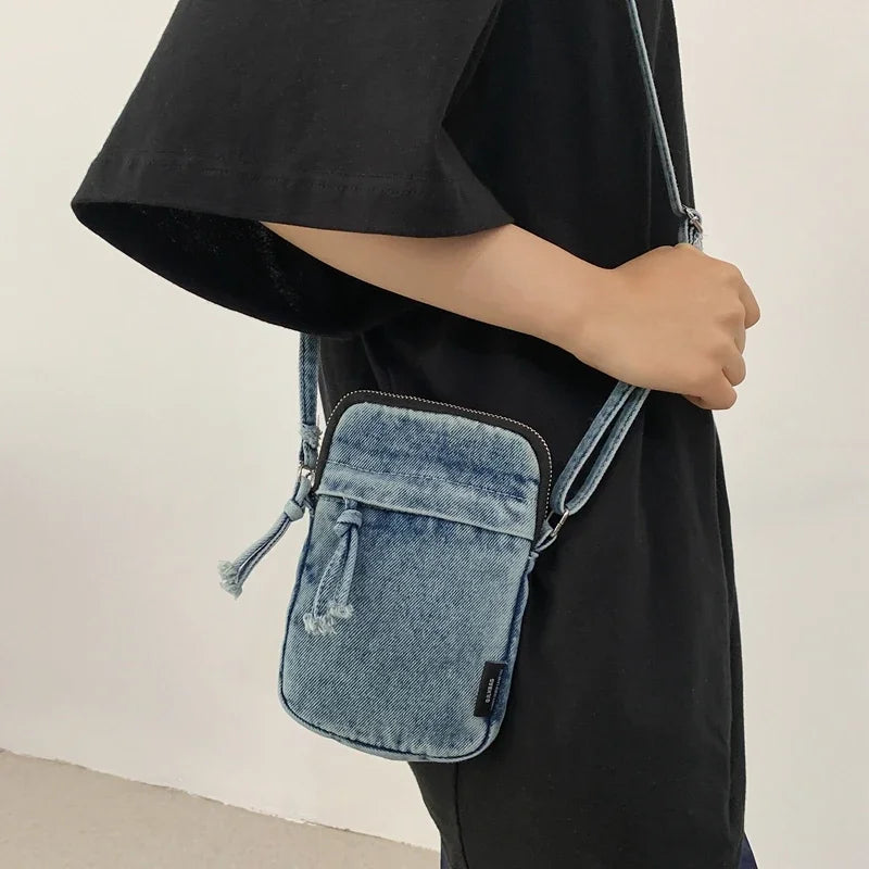 Ddbos Zipper Sewing Thread Women's Shoulder Bag 2024 New Women's Crossbody Bag Mobile Phone Bag Hot Selling Design Mini Denim