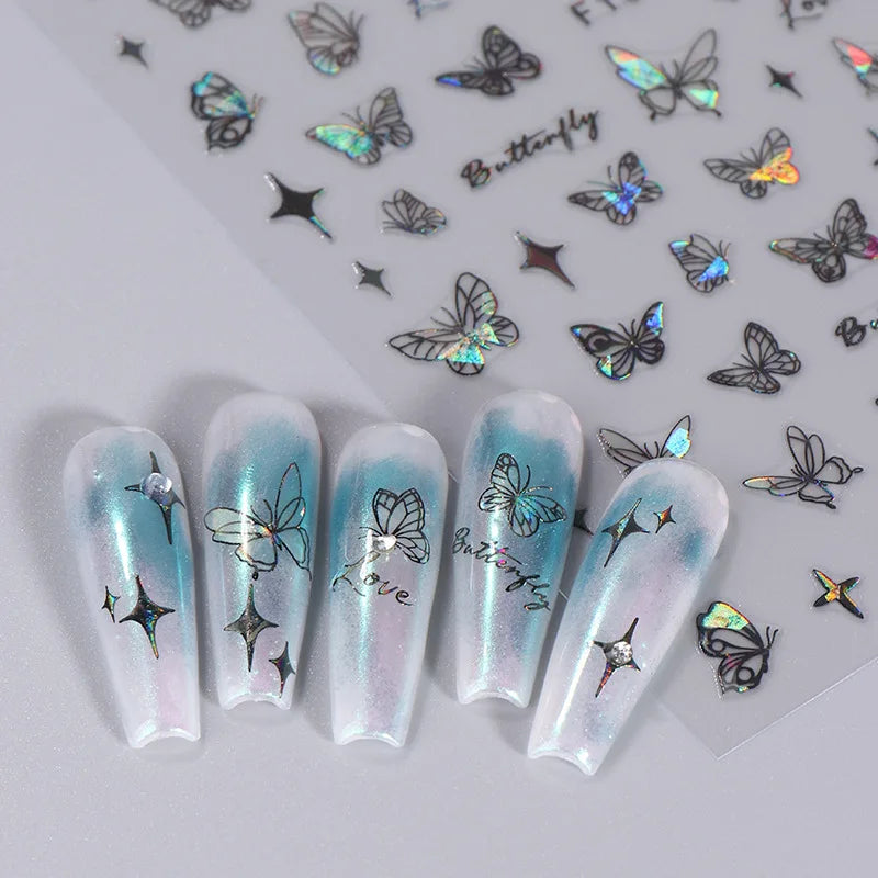 Ddbos 1PCS Black White Butterfly Laser Nail Stickers Y2K Nail Art Decoration Abstract Lines Bronzing Flowers Stickers For Nails