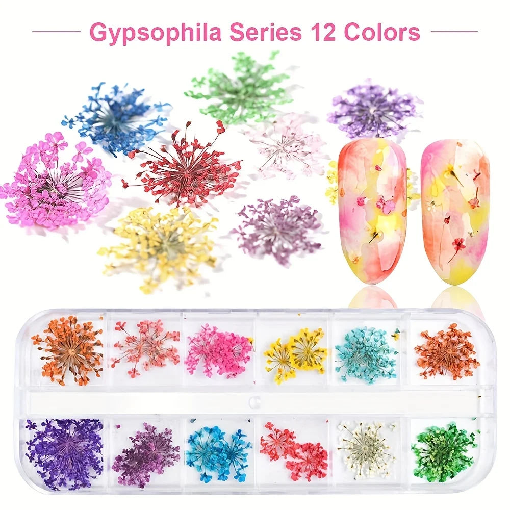 12 Colors Dried Flowers for Nail Art Mini Real Natural Flowers 3D Applique Nail Decoration