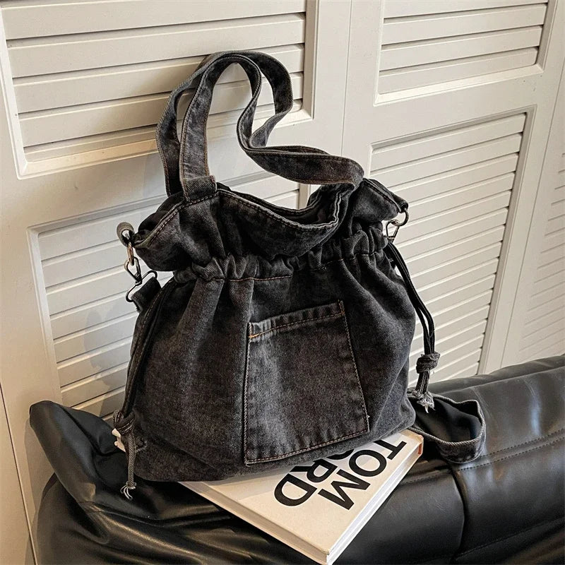 Ddbos Washed Denim Large Capacity Single Shoulder Bucket Bag 2024 New Trendy Versatile One Bag Smooth Shoulder Strap Versatile Bag