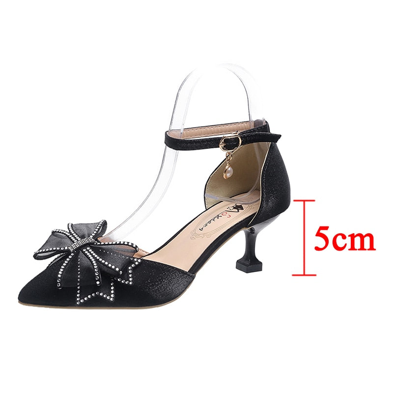 Ddbos Sexy Thin Heels Ankle Strap Pumps Women Lace Bowknot Wedding Party Shoes Woman Elegant Pointed Toe Silk High Heels Shoes