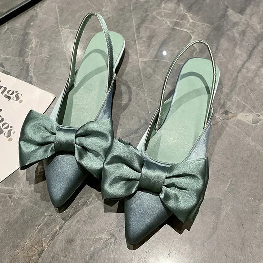 Summer Women Baotou Sandals Fashion Bow-knot Low Heels Pumps Female Silk Sexy Pointed Sandalias De Mujer Women's Shoes DDBOS