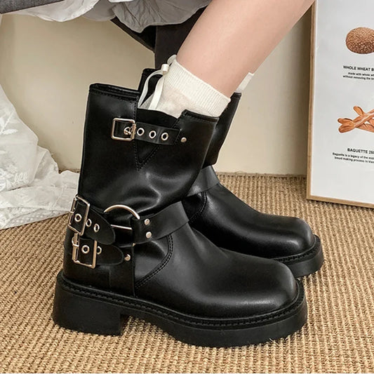 Ddbos Winter Platform Synthetic Leather Boots Women Shoes Fashion Slip On Mid Heel Botas Ladies Retro Mordern Booties