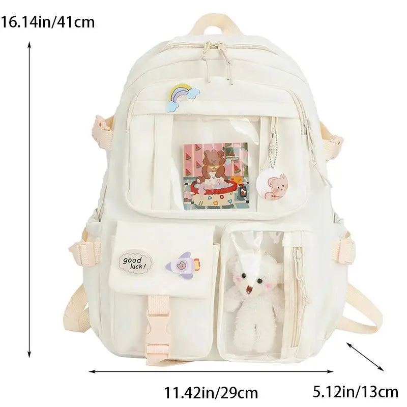 Ddbos Preppy School Bag Student Backpack Nylon Cute Girl Backpack Badge Pendant Travel Bag