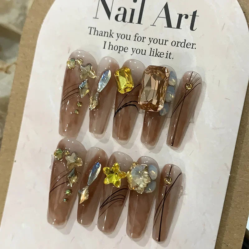 Ddbos 10pcs Detachable graident brown ballet Fake Nails with Rhinestone Long Coffin artificial Nails with glue Full Cover false Nails