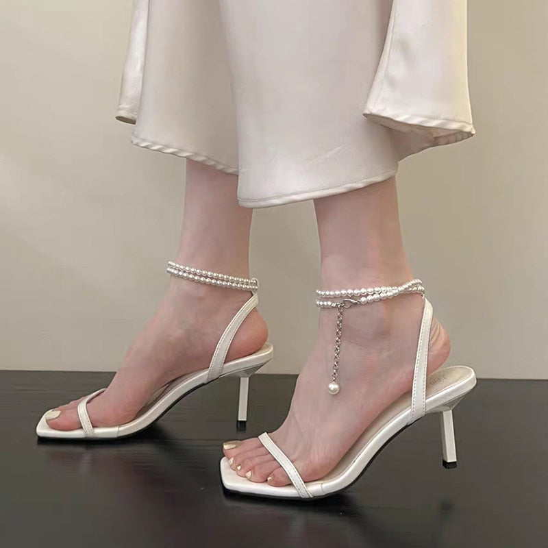 Ddbos Pearl Ankle Straps High Heels Sandals Women Summer Fashion Square Toe Sandals Woman Elegant Thin Heeled Silver Party Shoes