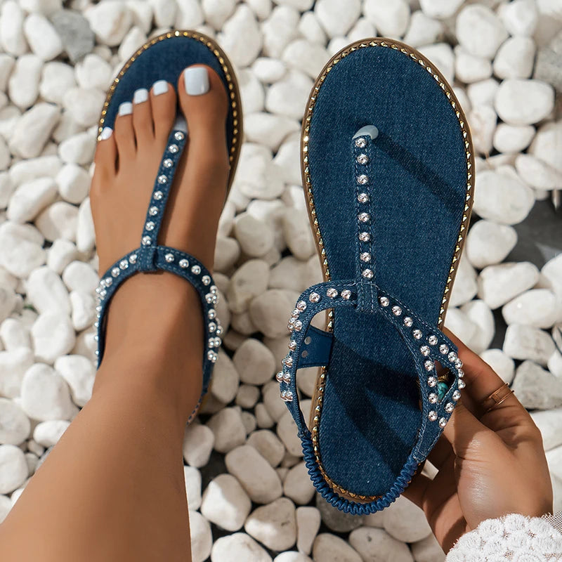 Ddbos Bohemian Style Blue Flat Sandals Women 2024 Summer Crystal Decor Clip Toe Gladiator Sandals Woman Plus Size 43 Beach Flip Flops