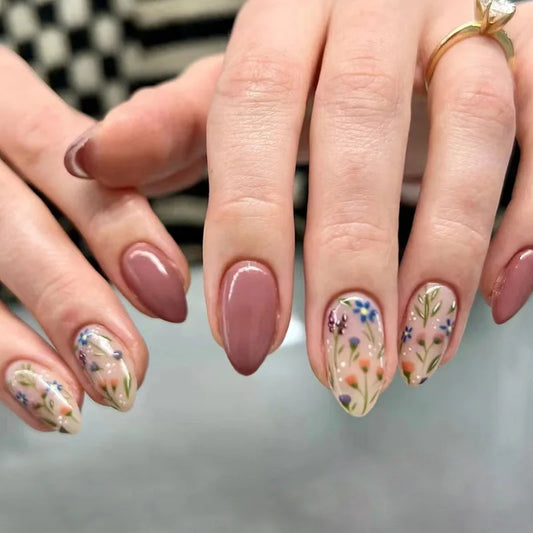 Ddbos 24pcs/set Short Almond Flowers Reusable Adhesive False Nails Cheap Artificial Presss on Nails with Glue Woman Fake Nail Full Set