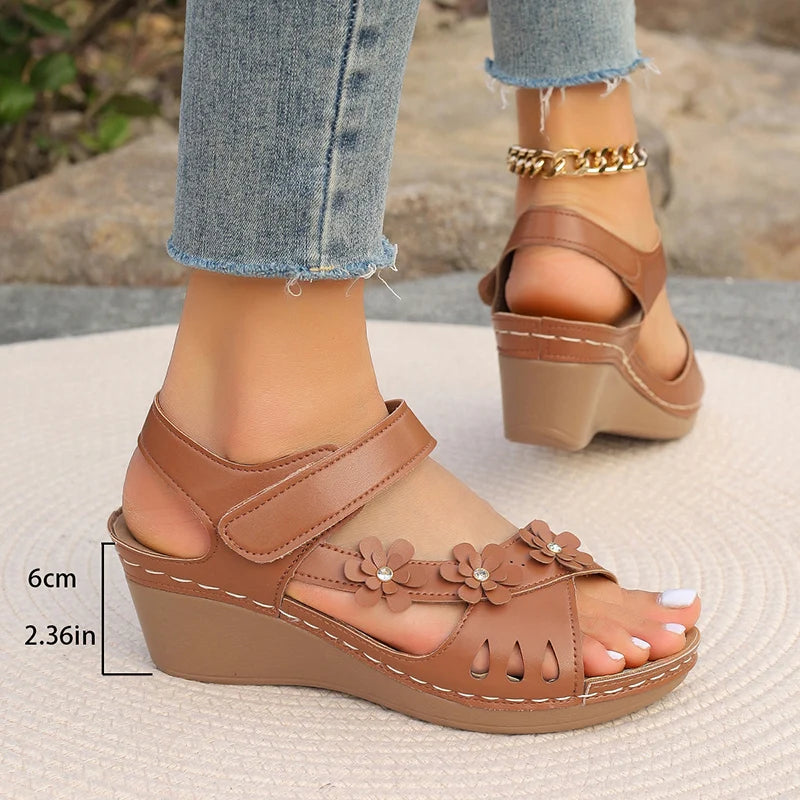 Ddbos Women's Retro Flower Decor Wedge Sandals Thick Bottom Platform Sandles Woman Plus Size 42 Lightweight Casual Gladiator Shoes