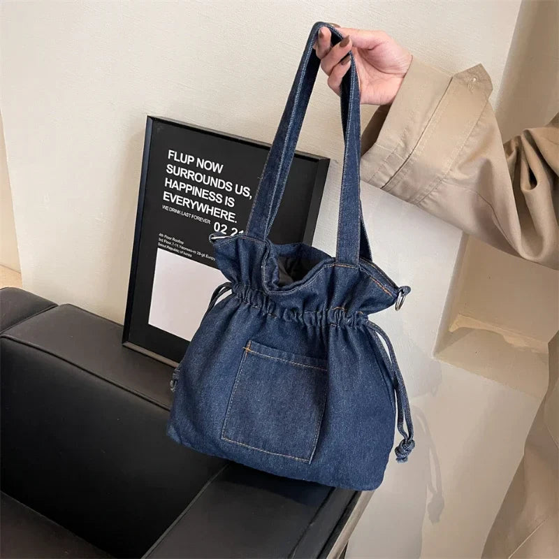 Ddbos Washed Denim Large Capacity Single Shoulder Bucket Bag 2024 New Trendy Versatile One Bag Smooth Shoulder Strap Versatile Bag