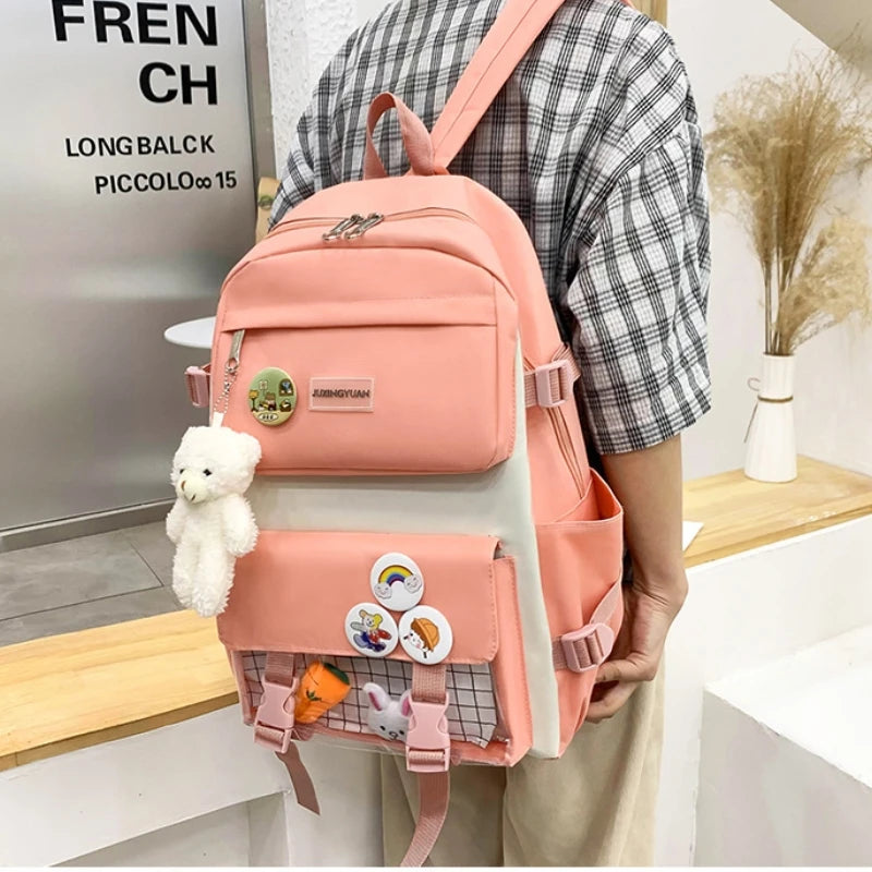 Ddbos Girls Large-capacity Shoulder Bag Cute Carrot Rabbit Doll Pendant Simple Versatile Schoolbag Boys Fashion Schoolbag Five Sets Se