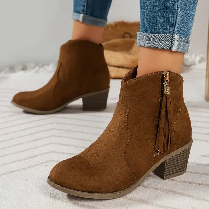 Ddbos outfit inspo winter Shoes for Women Hot Sale Ankle Women's Boots Retro Modern Boots Women Fringe Side Zip Pointed Toe Chunky Heel Shoes Female