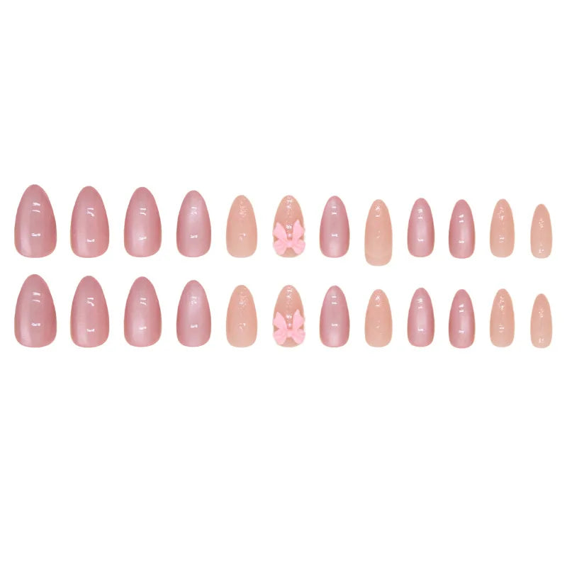 Ddbos 24pcs Pink Bow Design Glossy Press on Nails Wearable Detachable Almond Fake Nail Tips for Girls Lady Korean Sweet False Nails