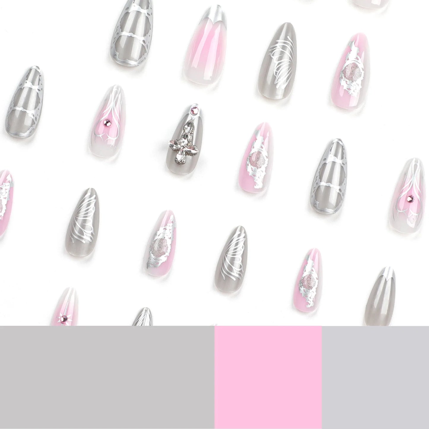 3D Rhinestone Fake Nails Patch Shiny Sliver Pink Design Almond False Nails Full Finished y2k Girl Women Artificial Nail Patch