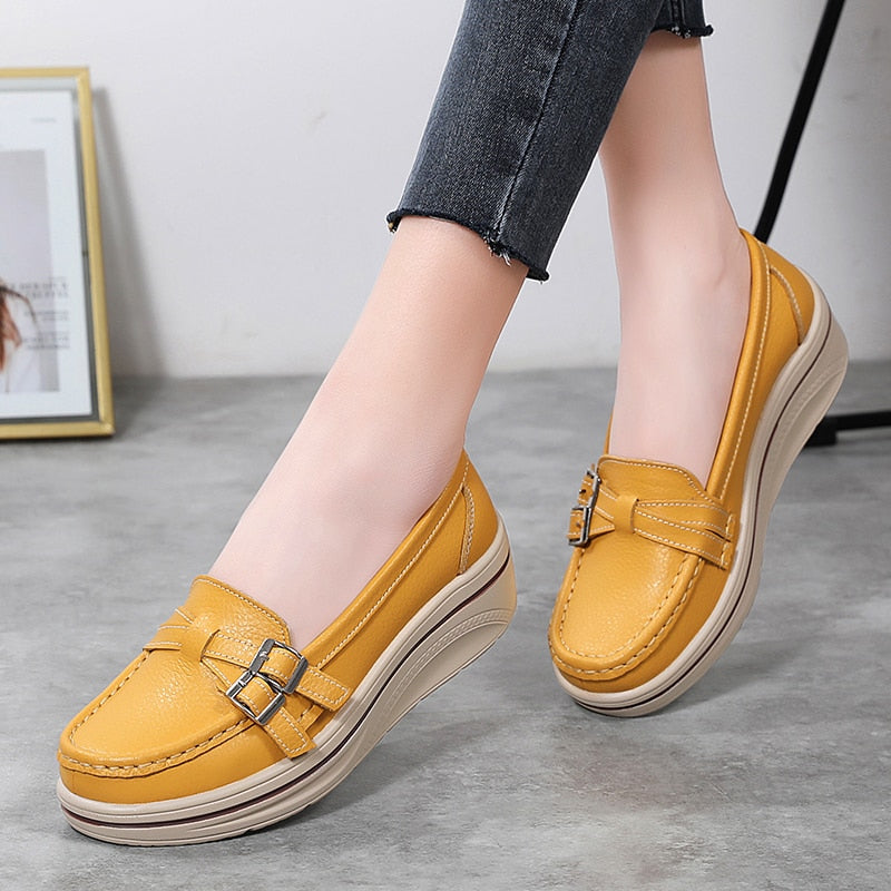 Ddbos New Spring Autumn Women Flats Platform Loafers Ladies Leather Comfort Wedge Moccasins Orthopedic Slip On Casual Shoes 35-42