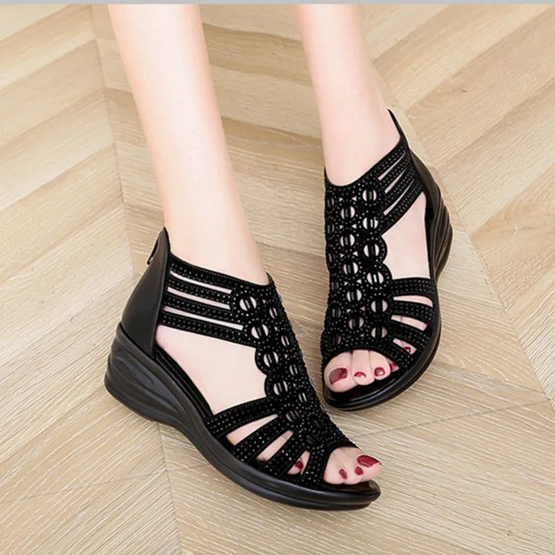 Ddbos High Heels Sandals Woman Gladiator Open Head Sexy Black Rivet Block Heel Platform Shoes Summer Back Zip Size 35-40 Women Sandals