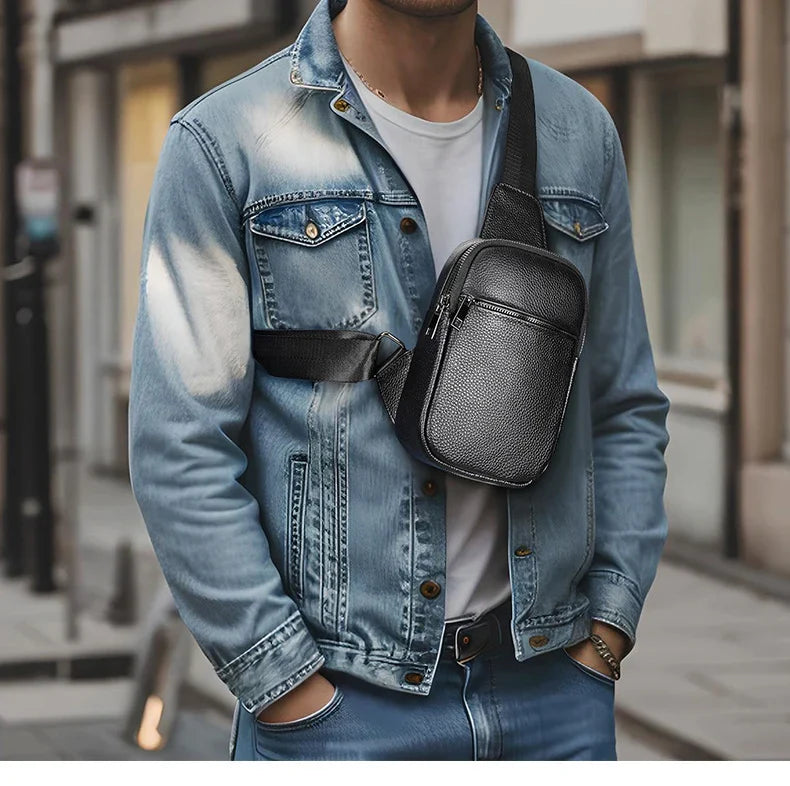 Ddbos Male Chest Bags Genuine Leather Crossbody Bag Men Sling Chest Pack for Men Chest Bag Leather Casual Men One Shoulder Bag Black