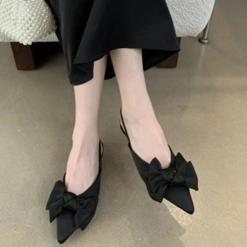 New Summer Luxury Bow Tie Purple Sandals for Women Silk Fairy Style Pointed Flat Bottomed Singles Shoes French Flat DDBOS