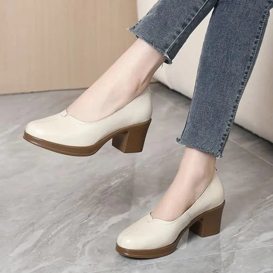 Ddbos Fashion Women Pumps Round Toe Thick Heels Genuine Leather Shoes Woman Spring Summer Office Ladies Shoes Comfort