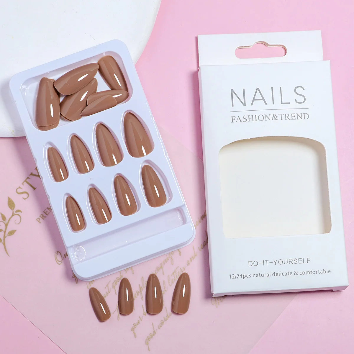 24pcs/set nude brown white fake nails for fall winter season french almond tips faux ongles press on false nail supplies