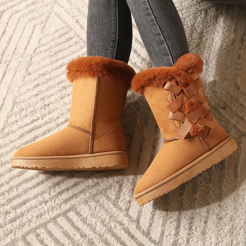 Ddbos Women Flock Fluffy Suede Snow Boots Cute Butterfly Round Toe Warm Boots Autumn Winter Thick Sole Platform Cotton Shoes