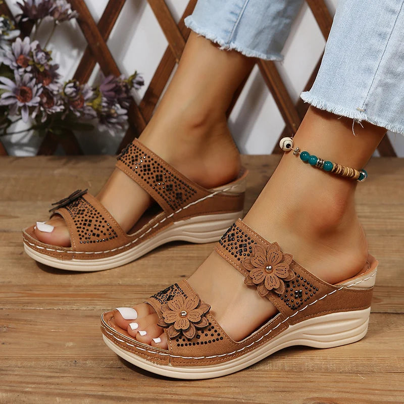 Ddbos Plus Size Women's Shoes Summer Retro Roman Sandals Women Pu Casual Flower Wedge Sandals Slippers Women Platform Slippers