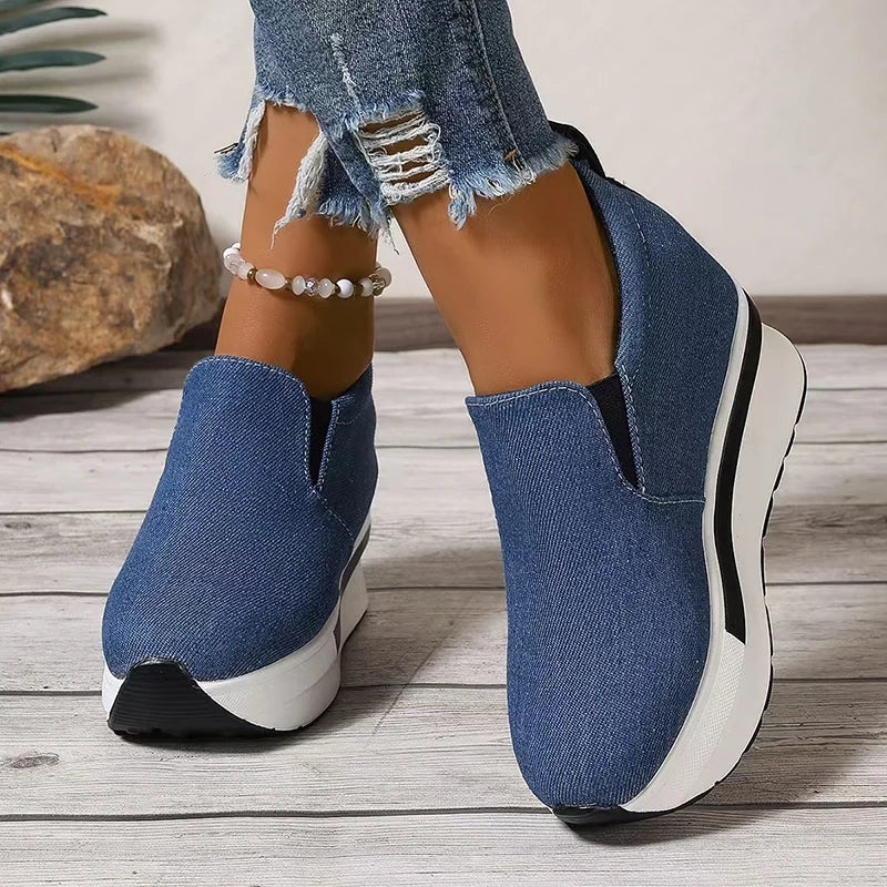 Ddbos Women's Denim Wedges Heel Fashion Round Toe Sneakers Ladies Daily Casual Shallow Mouth Non-Slip Walking Women's Vulcanised Shoes