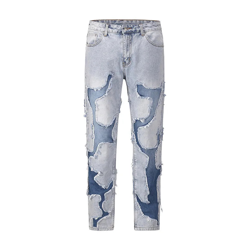 Ddbos Streetwear Swag Style Blue Frayed Jeans Pants for Men Retro Washed Ripped Casual Tapered Denim Trousers Slim Fit Y2k Jean Male