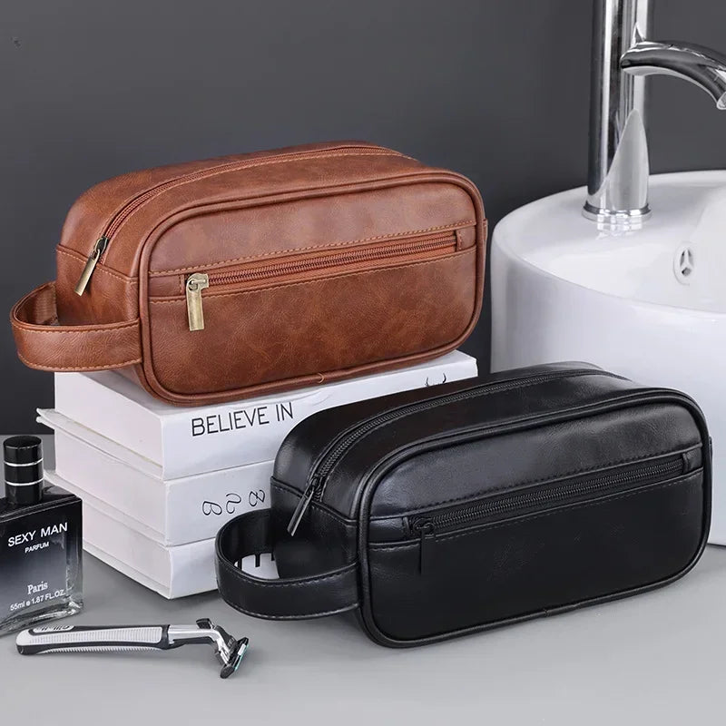 Ddbos Men Leather Wash Bag Travel Business Trips Portable Cosmetic Bag Large Capacity Multi Pocket Design Handheld Leather Wash Bag