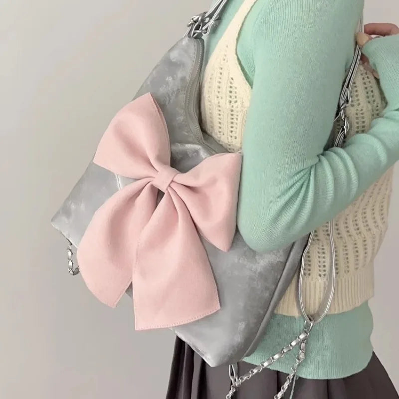 Ddbos Pink Bow Womens Shoulder Bag Korean Style Fashion Large Capacity Sweet Backpack Cute Exquisite Elegant New Female Tote Bag