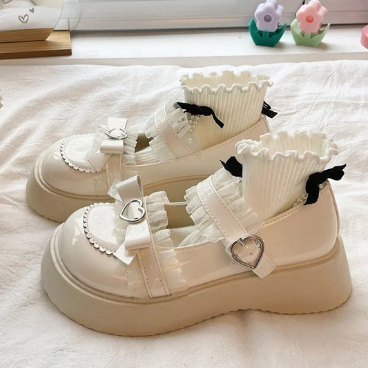 Ddbos Kawaii Lace Bowknot White Lolita Shoes Women Heart Buckle Platform Mary Janes Woman Japanese Style Patent Leather Jk Shoes